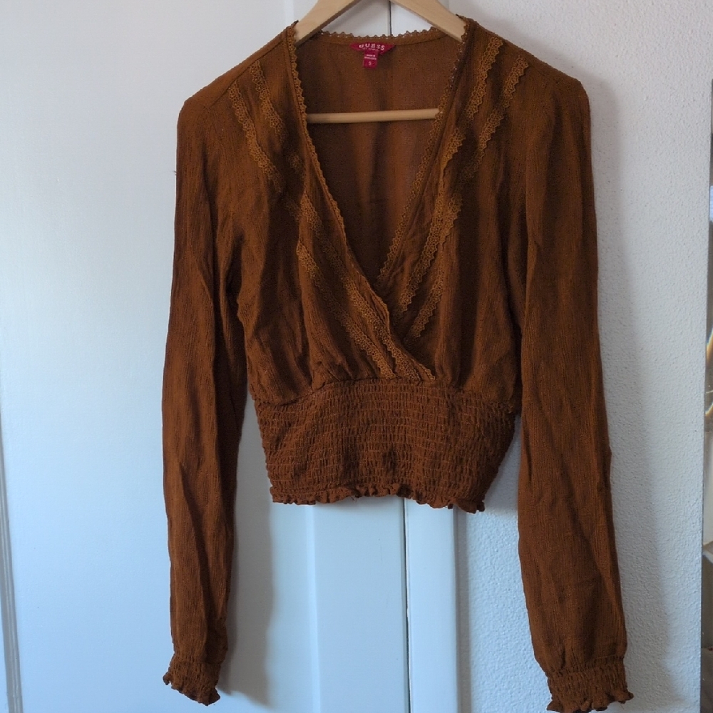 Guess Rust Brown Smocked Wrap-Front Blouse